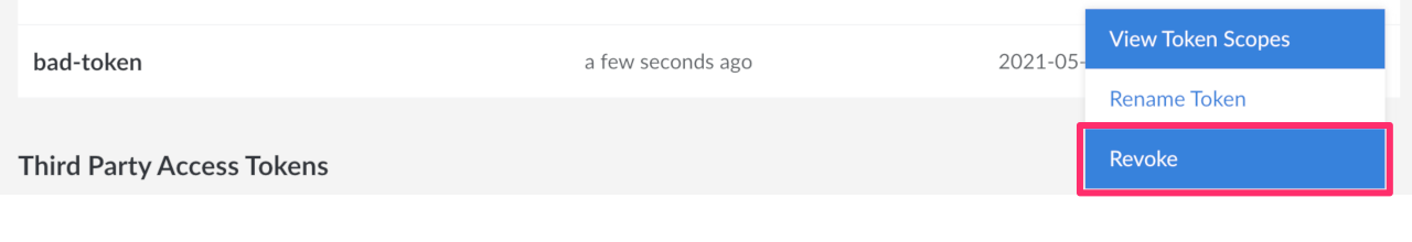 API Token Options Menu