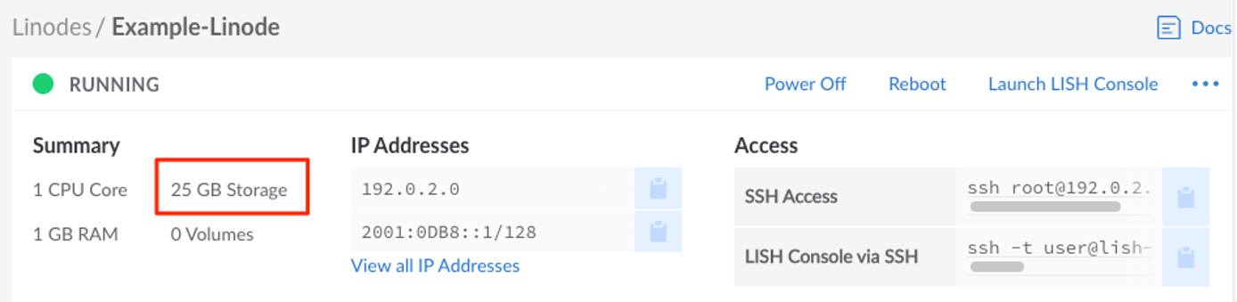 Viewing the total storage on a Linode