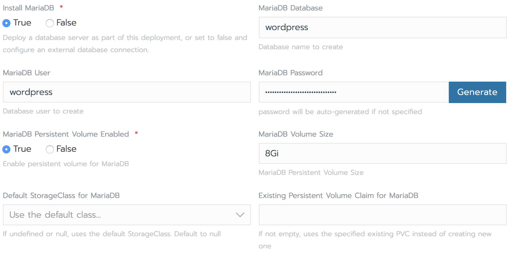 Rancher WordPress form - Database Settings