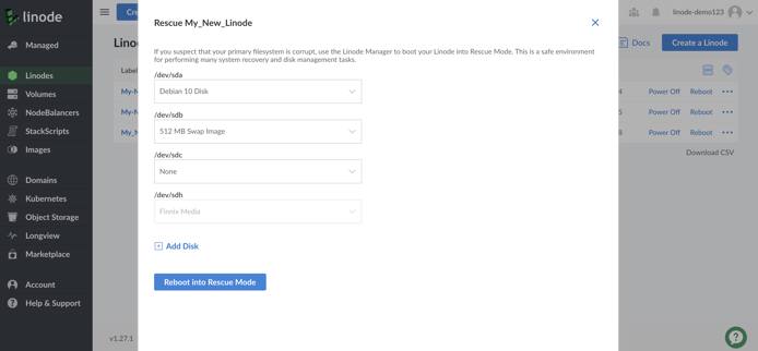 Linode Cloud Manager Rescue form - /dev/sda highlighted