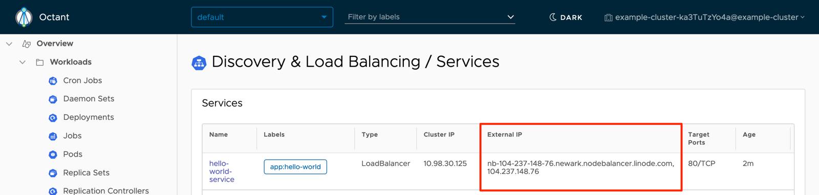 Octant Services - Hello World with External IP Highlighted