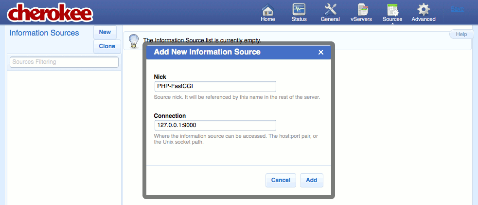 Creating a new information source on the “Sources” page of the Cherokee admin panel on Fedora 13.
