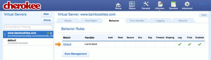 The “Behavior” tab on the “vServers” page of the Cherokee admin panel on Fedora 13. The “Behavior” tab on the “vServers” page of the Cherokee admin panel on Fedora 13.