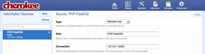 A newly created information source on the “Sources” page of the Cherokee admin panel on Fedora 13. A newly created information source on the “Sources” page of the Cherokee admin panel on Fedora 13.