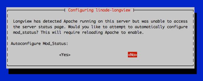 Longview has detected Apache running on this server but was unable to access the server status page. Would you like to attempt to automatically configure mod\_status? This will require reloading Apache to enable. Autoconfigure Mod\_Status: \<Yes\> \<No\>