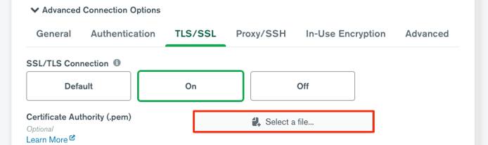 The TLS/SSL tab in MongoDB Compass The TLS/SSL tab in MongoDB Compass