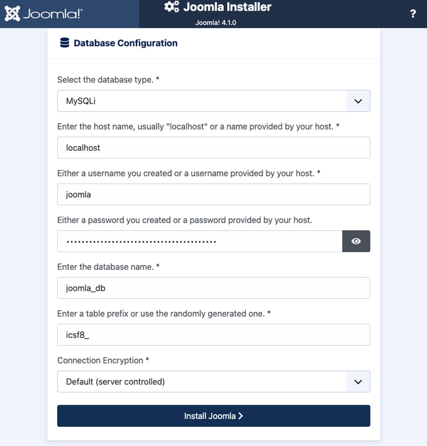 Screenshot of the Joomla Database Configuration prompt Screenshot of the Joomla Database Configuration prompt